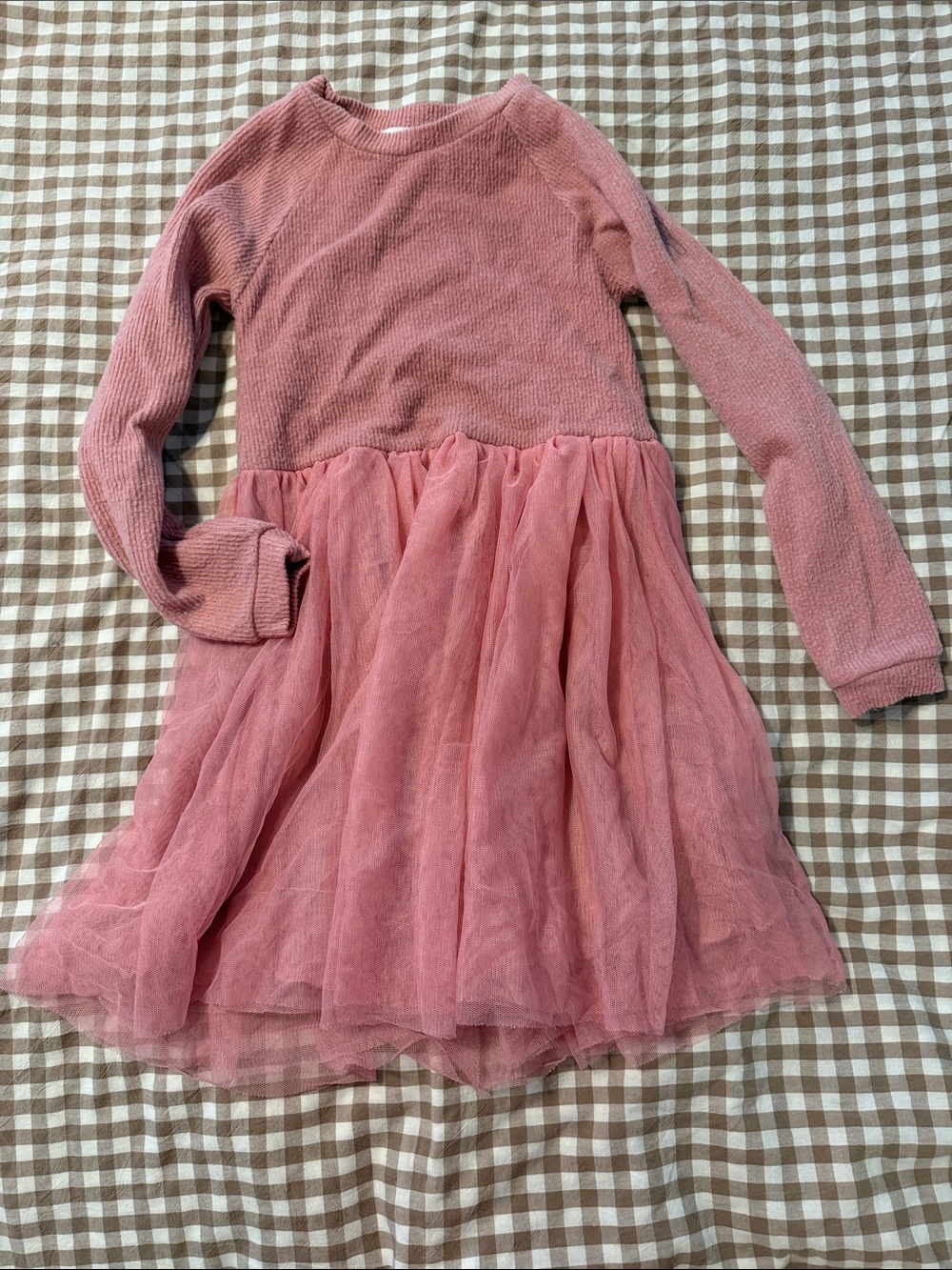 Girls' Long-Sleeve Pink Tulle Dress with Knit Bodice